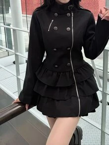 FRIFUL Women's Solid Color Double-Breasted Zipper Placket Multi-Layer Ruffle Hem Fashion Overcoat Winter Night Out Date Night Black Elegant - Black - View 2