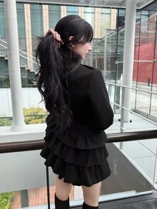 FRIFUL Women's Solid Color Double-Breasted Zipper Placket Multi-Layer Ruffle Hem Fashion Overcoat Winter Night Out Date Night Black Elegant - Black - View 8