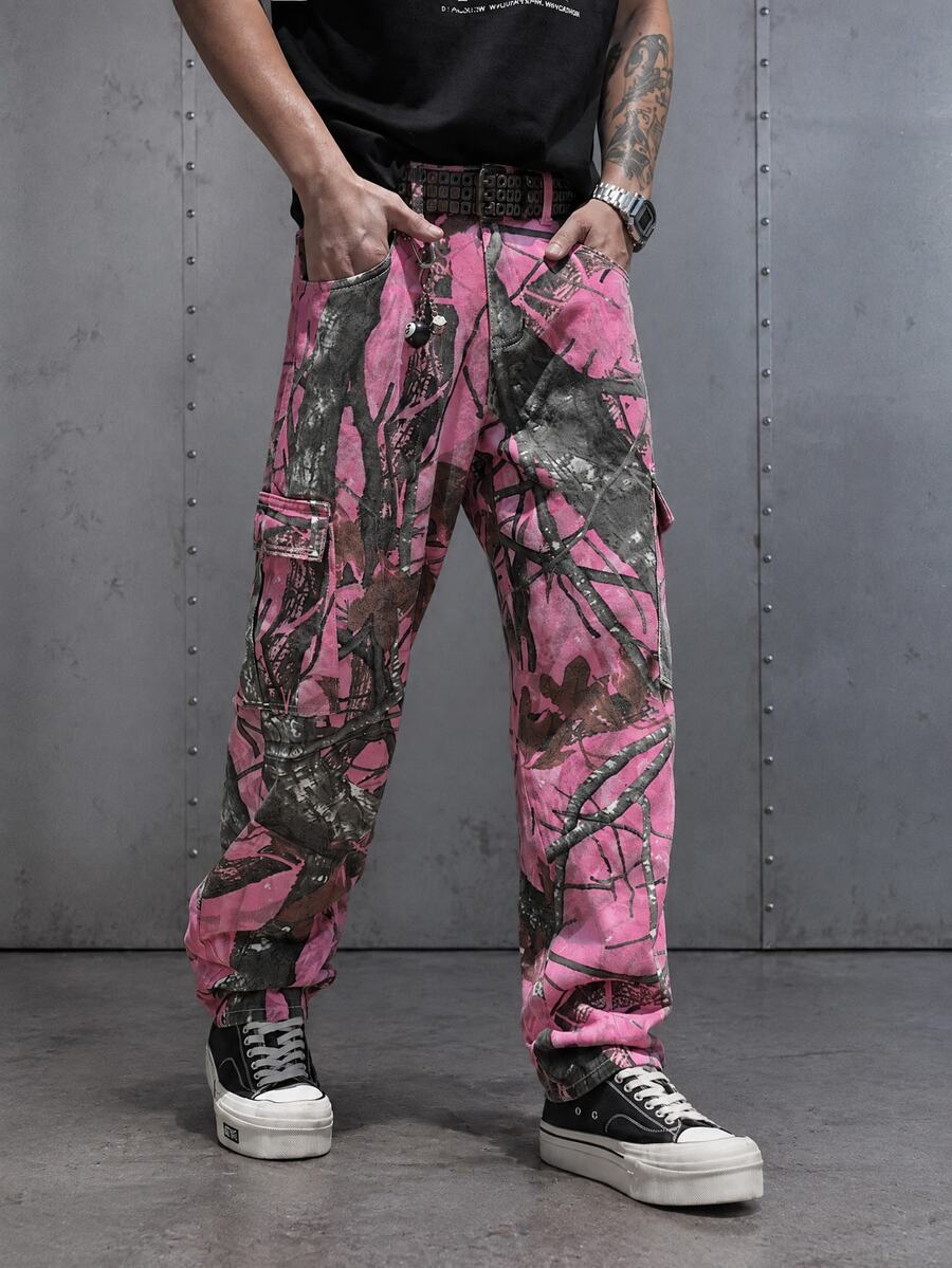 Manfinity EMRG Pantalones vaqueros de estilo cargo de moda versátil con estampado de color contrastante para hombres - Multicolor - Ver 1