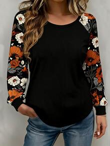 SHEIN LUNE Women's Floral Contrast Color Raglan Sleeve T-Shirt, Spring/Autumn - White - View 1