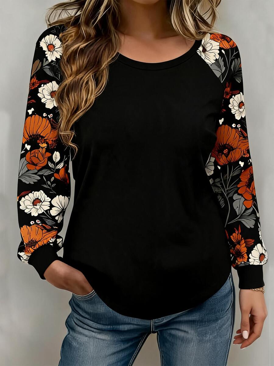 SHEIN LUNE Women's Floral Contrast Color Raglan Sleeve T-Shirt, Spring/Autumn - White - View 1