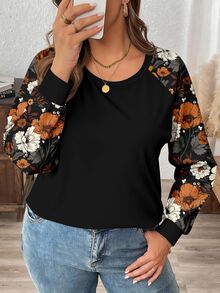 SHEIN LUNE Women's Floral Contrast Color Raglan Sleeve T-Shirt, Spring/Autumn - White - View 5