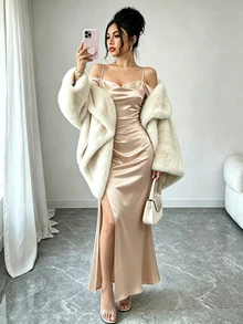 Elenzga 女款純色露肩側開衩下擺優雅性感長洋裝，適合婚禮派對晚宴，香檳色，夏季 - 香檳色 - 查看 3