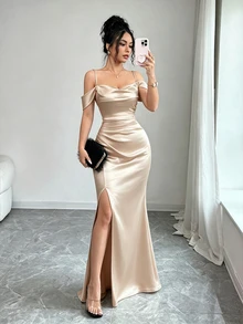 Elenzga 女款純色露肩側開衩下擺優雅性感長洋裝，適合婚禮派對晚宴，香檳色，夏季 - 香檳色 - 查看 6