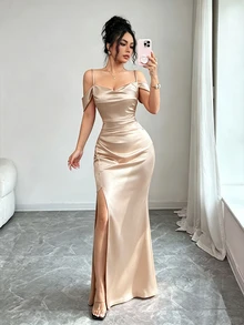 Elenzga 女款純色露肩側開衩下擺優雅性感長洋裝，適合婚禮派對晚宴，香檳色，夏季 - 香檳色 - 查看 5