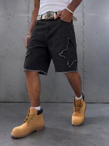 Manfinity EMRG Men's Summer Denim Shorts Street Loose Wide Leg Shorts - Black - View 1