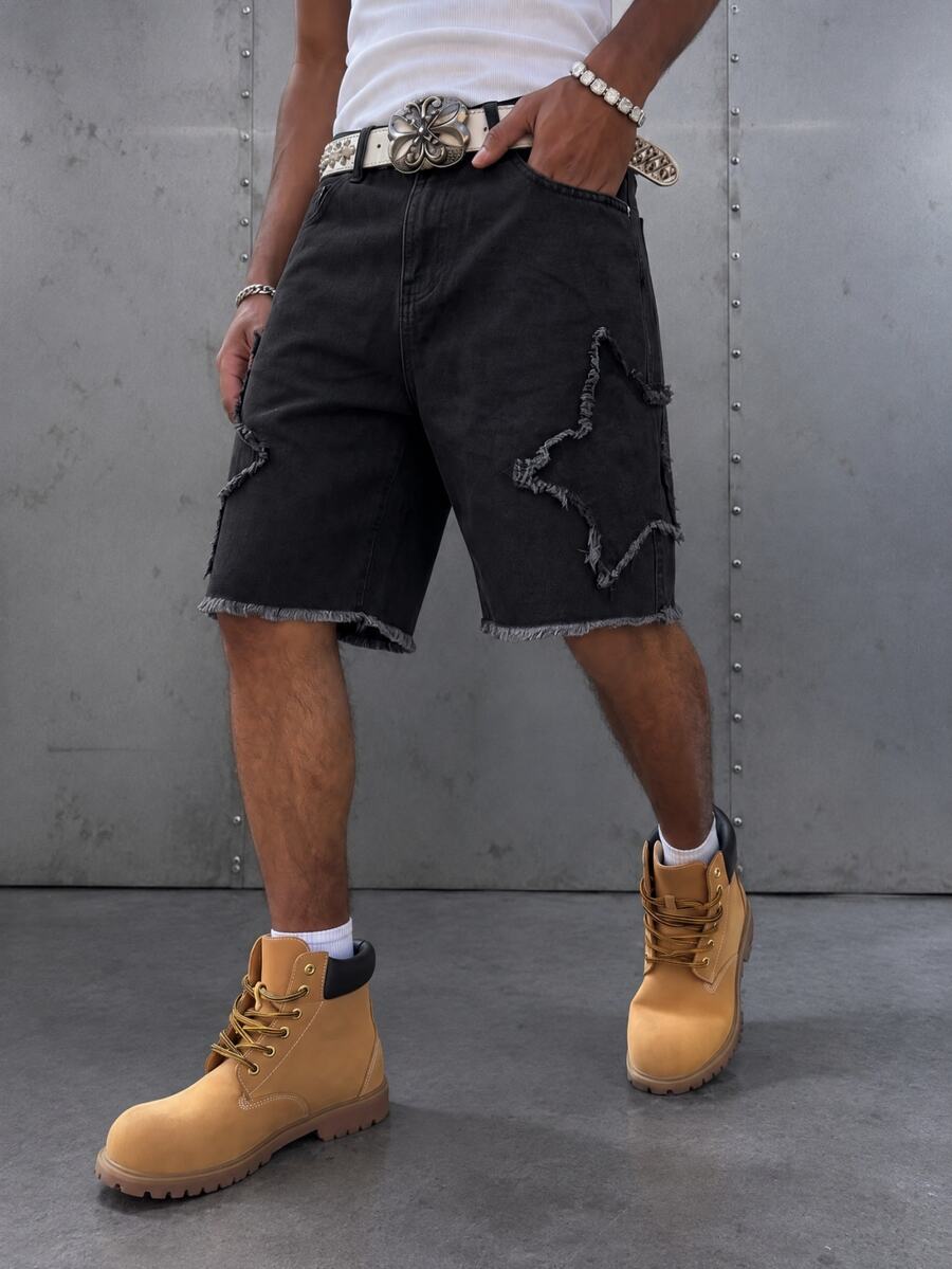 Manfinity EMRG Men's Summer Denim Shorts Street Loose Wide Leg Shorts - Black - View 1