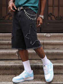 Manfinity EMRG Men's Summer Denim Shorts Street Loose Wide Leg Shorts - Black - View 4
