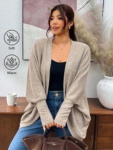 Lounesse Plus Size Casual Baggy Goth Simple Normal Loose Ribbed Brushed Knit Cardigan Jacket Business Formal Teacher Club Rodeo Office Family Grey Autumn - Khaki - View 5