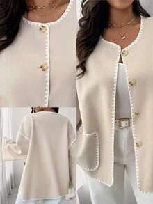 Firerie Women Plus Size Dropped Shoulder Long Sleeve Loose Casual Color Block Trim Jacket, Suitable For Autumn/Winter - Apricot - View 11