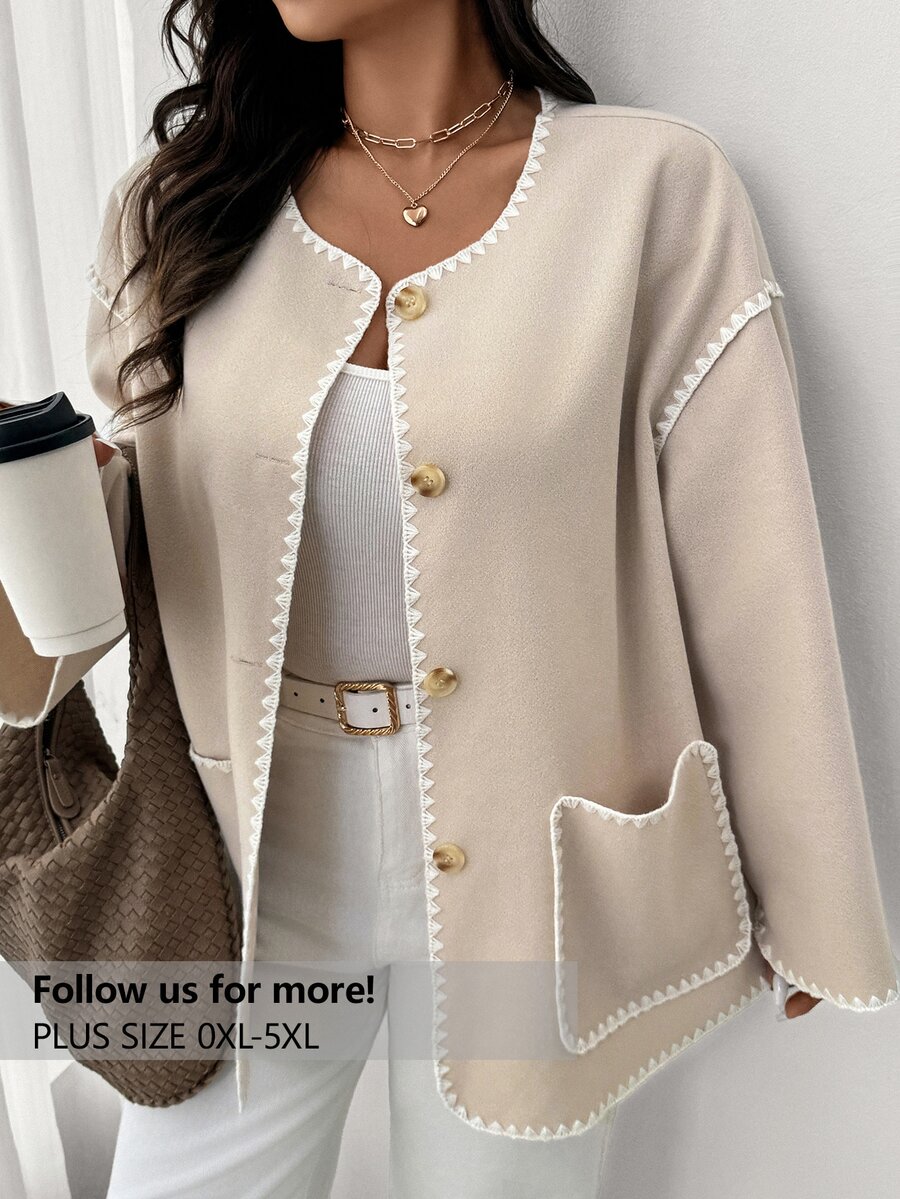 Firerie Women Plus Size Dropped Shoulder Long Sleeve Loose Casual Color Block Trim Jacket, Suitable For Autumn/Winter
