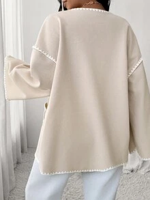 Firerie Women Plus Size Dropped Shoulder Long Sleeve Loose Casual Color Block Trim Jacket, Suitable For Autumn/Winter - Apricot - View 3