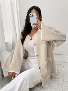 Firerie Women Plus Size Dropped Shoulder Long Sleeve Loose Casual Color Block Trim Jacket, Suitable For Autumn/Winter - Apricot - View 10