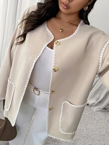 Firerie Women Plus Size Dropped Shoulder Long Sleeve Loose Casual Color Block Trim Jacket, Suitable For Autumn/Winter - Apricot - View 5