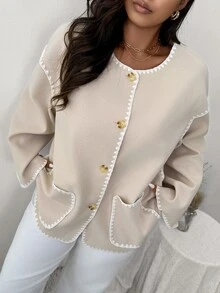 Firerie Women Plus Size Dropped Shoulder Long Sleeve Loose Casual Color Block Trim Jacket, Suitable For Autumn/Winter - Apricot - View 12