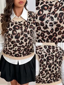 SHEIN Frenchy Plus Size Casual Leopard Print Round Neck Sweater Vest, Autumn/Winter Fall Fall/Winter - Multicolor - View 6