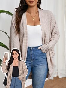 Lounesse Plus Size Casual Loose Textured Knit Cardigan Sweater,Fall Women Clothes Winter Autumn Fall/Winter - Apricot - View 7