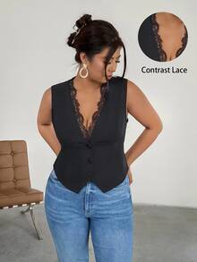 Firerie Plus Size Women Summer Solid Color Lace Splicing Deep V-Neck Fitted Vest Jacket In Fall/Winter - Black - View 2