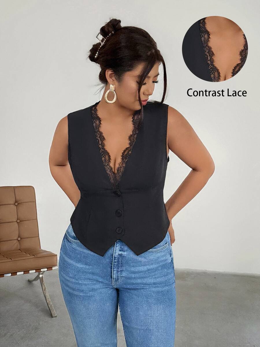 Firerie Plus Size Women Summer Solid Color Lace Splicing Deep V-Neck Fitted Vest Jacket In Fall/Winter