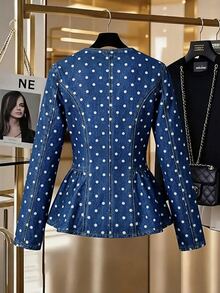 GlowEve Autumn Casual Vintage Retro Blue Polka Dot Print Denim Jacket Everyday Day Time - Blue - View 3