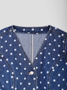 GlowEve Autumn Casual Vintage Retro Blue Polka Dot Print Denim Jacket Everyday Day Time - Blue - View 4