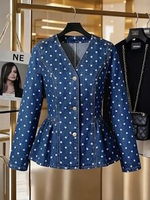 GlowEve Autumn Casual Vintage Retro Blue Polka Dot Print Denim Jacket Everyday Day Time - Blue - View 2