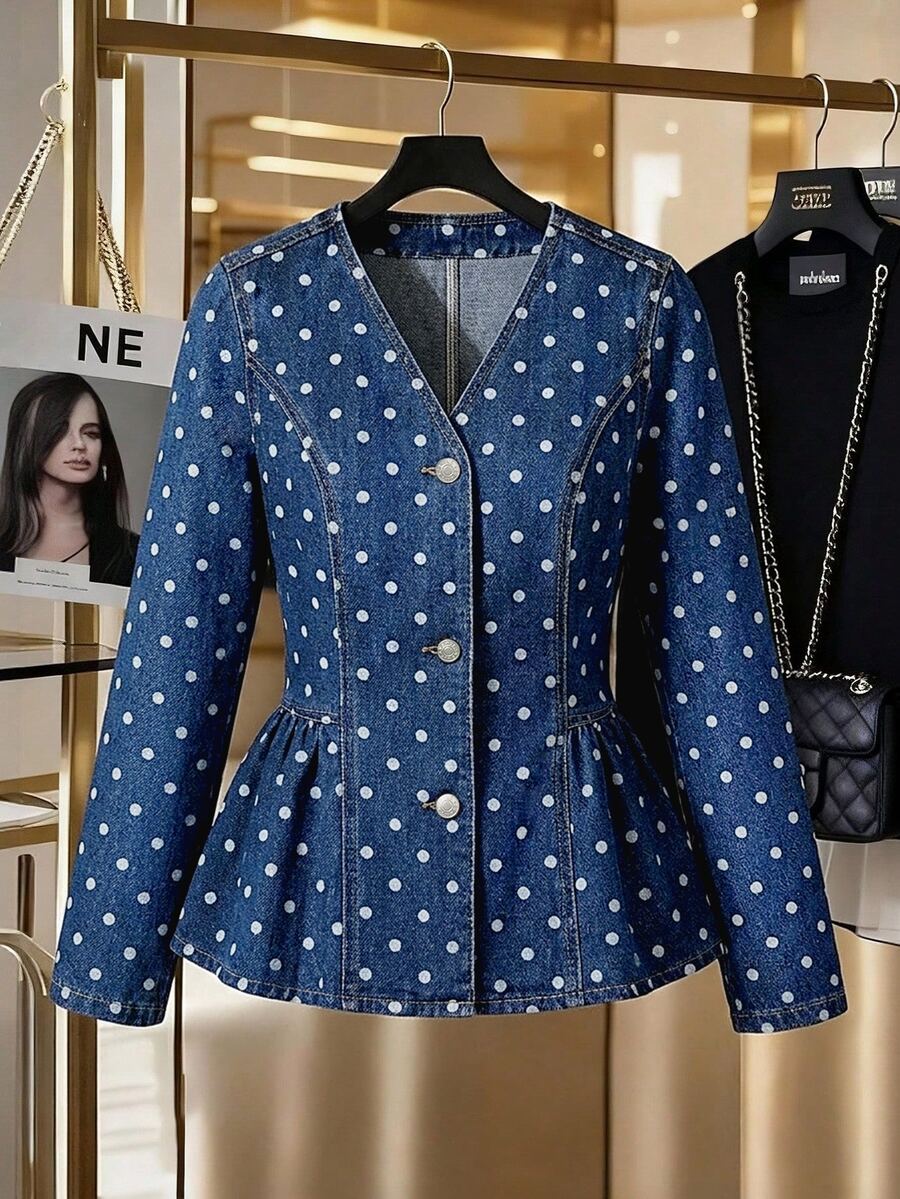 GlowEve Autumn Casual Vintage Retro Blue Polka Dot Print Denim Jacket Everyday Day Time