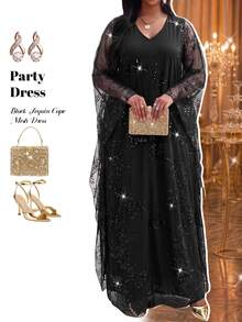 Fleurora Plus Size Fashion Sequin Mesh Elegant Dress - Black - View 5