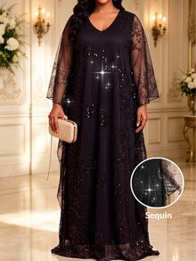 Fleurora Plus Size Fashion Sequin Mesh Elegant Dress - Black - View 1