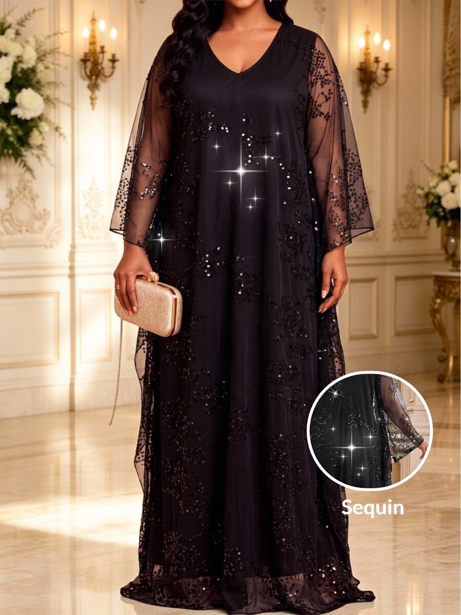 Fleurora Plus Size Fashion Sequin Mesh Elegant Dress - Black - View 1