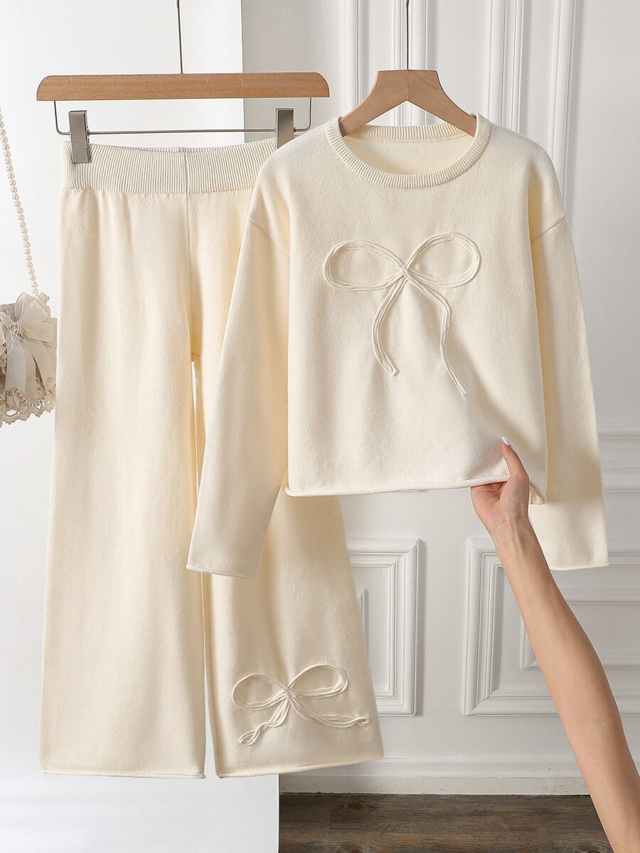 Tween Girl Round Neck Long Sleeve Textured Bow Casual Sweater And Pants Set - Beige - View 1
