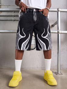 Manfinity EMRG Men's Flame Print Pocket Button Casual Denim Shorts, Holiday - Black - View 3