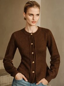 Arave Cardigan Wanita Bahan Poliester Model Slim Fit dengan Desain Rumbai di Bagian Bawah, Elegan untuk Kencan. - Coklat - View 6