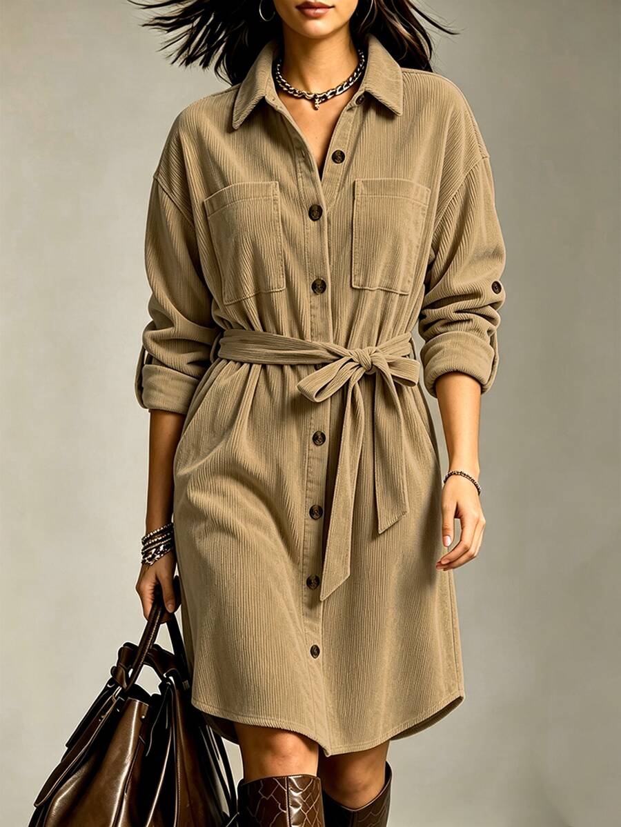 Linhara CURVE Plus Size Women's Woven Elegant Fall Short Dress - Apricot - View 1
