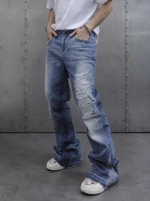 Manfinity EMRG Men's Distressed Denim Jeans, Fashionable For Summer Streetwear Men Jeans - Blue - View 1