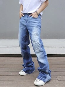 Manfinity EMRG Men's Distressed Denim Jeans, Fashionable For Summer Streetwear Men Jeans - Blue - View 3