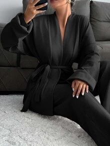 SHEIN كارديجان قطني مقاس كبير بأكتاف منسدلة وحزام مع بنطال، ملابس منزلية رسمية سوداء للشتاء، كاجوال بديل - الأسود - مشاهدة 7