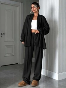 SHEIN كارديجان قطني مقاس كبير بأكتاف منسدلة وحزام مع بنطال، ملابس منزلية رسمية سوداء للشتاء، كاجوال بديل - الأسود - مشاهدة 8