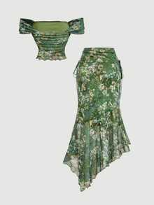 Skyraze Vintage Green Floral Summer Boho Holiday Vacation Two Pieces Set,Botanical Print Mesh Off-Shoulder Mermaid Asymmetrical Skirt Outfit For Women,Holiday - Green - View 2