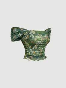 Skyraze Vintage Green Floral Summer Boho Holiday Vacation Two Pieces Set,Botanical Print Mesh Off-Shoulder Mermaid Asymmetrical Skirt Outfit For Women,Holiday - Green - View 7