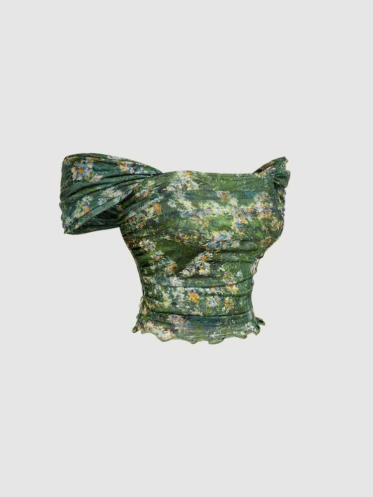 Skyraze Vintage Green Floral Summer Boho Holiday Vacation Two Pieces Set,Botanical Print Mesh Off-Shoulder Mermaid Asymmetrical Skirt Outfit For Women,Holiday - Green - View 7