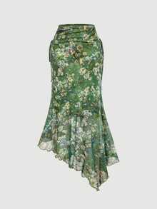 Skyraze Vintage Green Floral Summer Boho Holiday Vacation Two Pieces Set,Botanical Print Mesh Off-Shoulder Mermaid Asymmetrical Skirt Outfit For Women,Holiday - Green - View 8