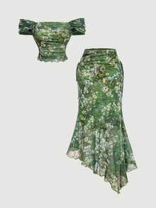 Skyraze Vintage Green Floral Summer Boho Holiday Vacation Two Pieces Set,Botanical Print Mesh Off-Shoulder Mermaid Asymmetrical Skirt Outfit For Women,Holiday - Green - View 12