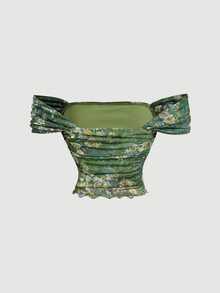 Skyraze Vintage Green Floral Summer Boho Holiday Vacation Two Pieces Set,Botanical Print Mesh Off-Shoulder Mermaid Asymmetrical Skirt Outfit For Women,Holiday - Green - View 6