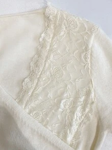 LUMIGAL Women's Diagonal Lace Patchwork V-Neck Wrap-Around Multi-Layer Ruched Waist Slim Fit Long Sleeve Sweater - Beige - View 8