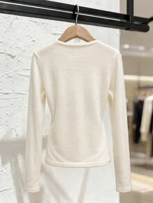 LUMIGAL Women's Diagonal Lace Patchwork V-Neck Wrap-Around Multi-Layer Ruched Waist Slim Fit Long Sleeve Sweater - Beige - View 2