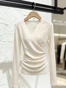 LUMIGAL Women's Diagonal Lace Patchwork V-Neck Wrap-Around Multi-Layer Ruched Waist Slim Fit Long Sleeve Sweater - Beige - View 4