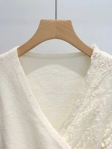 LUMIGAL Women's Diagonal Lace Patchwork V-Neck Wrap-Around Multi-Layer Ruched Waist Slim Fit Long Sleeve Sweater - Beige - View 6