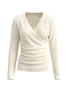 LUMIGAL Women's Diagonal Lace Patchwork V-Neck Wrap-Around Multi-Layer Ruched Waist Slim Fit Long Sleeve Sweater - Beige - View 7