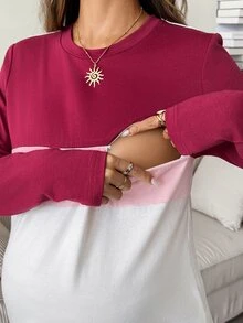 SHEIN 孕婦哺乳色塊圓領長袖休閒T恤 秋季 - 彩色 - 查看 8